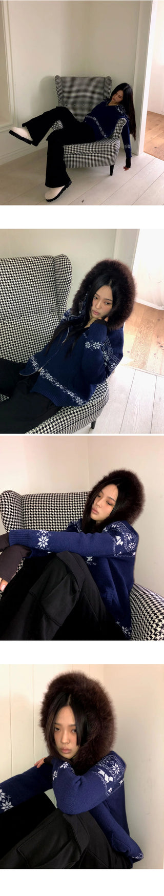 Newa Nordic Fur Two-Way Knitwear Hooded Zip-Up