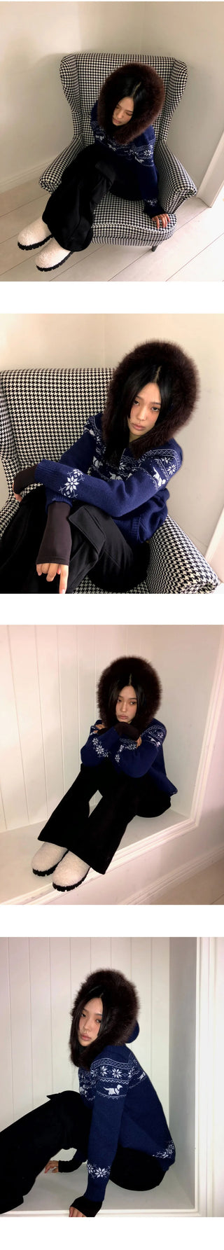 Newa Nordic Fur Two-Way Knitwear Hooded Zip-Up