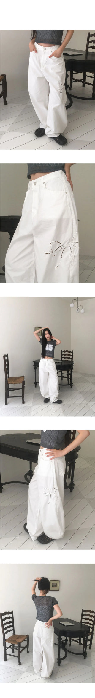 Royal Ribbon Punching Stitch Wide Pants