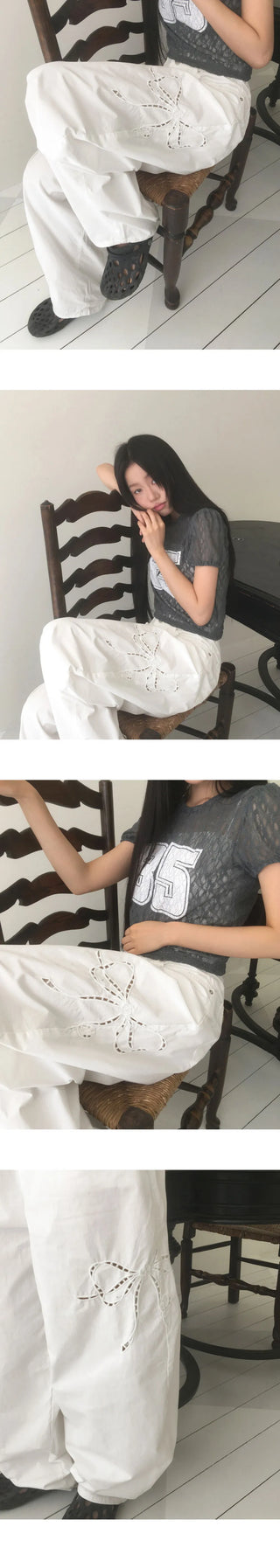 Royal Ribbon Punching Stitch Wide Pants