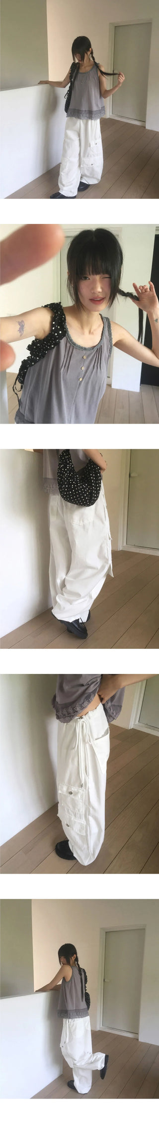 Senba String Wide Denim Cargo Pants