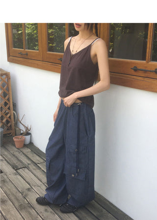 Senba String Wide Denim Cargo Pants