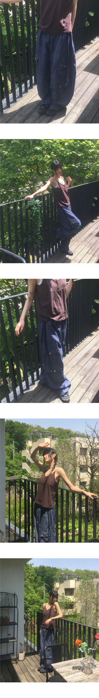 Senba String Wide Denim Cargo Pants