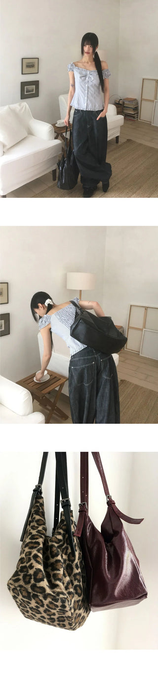 Temer Leather Leopard Strap Big Shoulder Bag