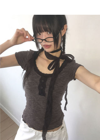 Srin lace button short sleeve t-shirt