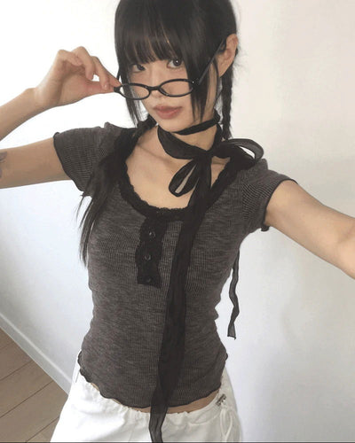 Srin lace button short sleeve t-shirt