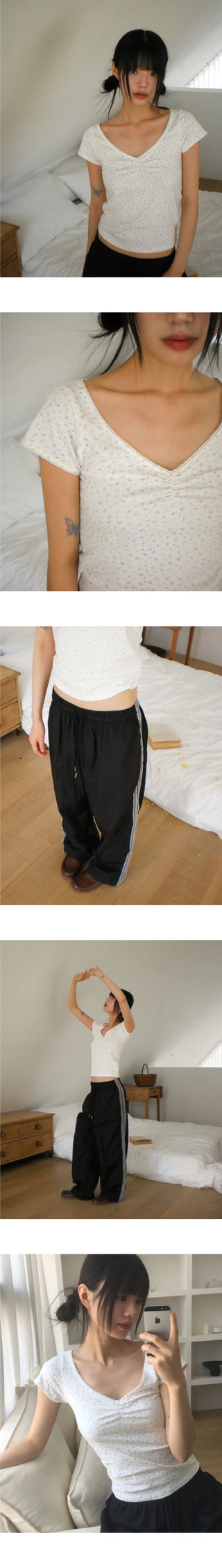 Ivey Floral Shirring V-Neck Short Sleeve T-Shirt