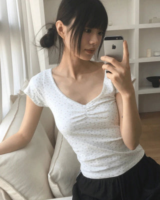 Ivey Floral Shirring V-Neck Short Sleeve T-Shirt