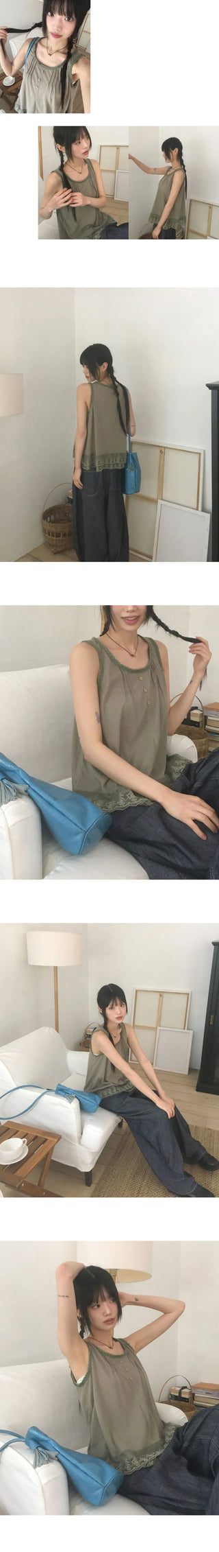 Toyou Pintuck Frill Button Lace Sleeveless