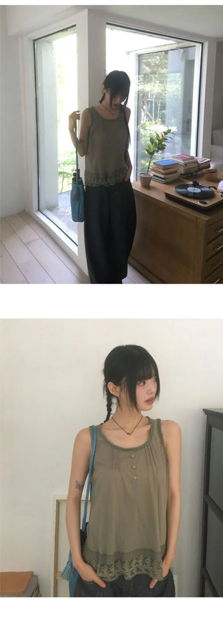 Toyou Pintuck Frill Button Lace Sleeveless