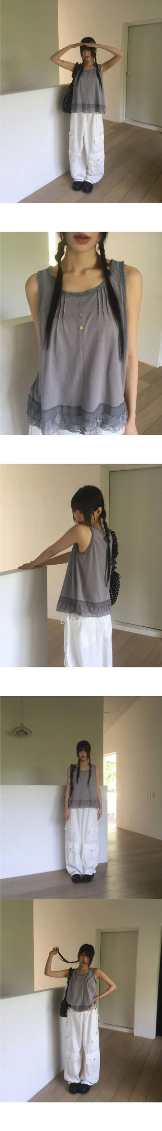 Toyou Pintuck Frill Button Lace Sleeveless