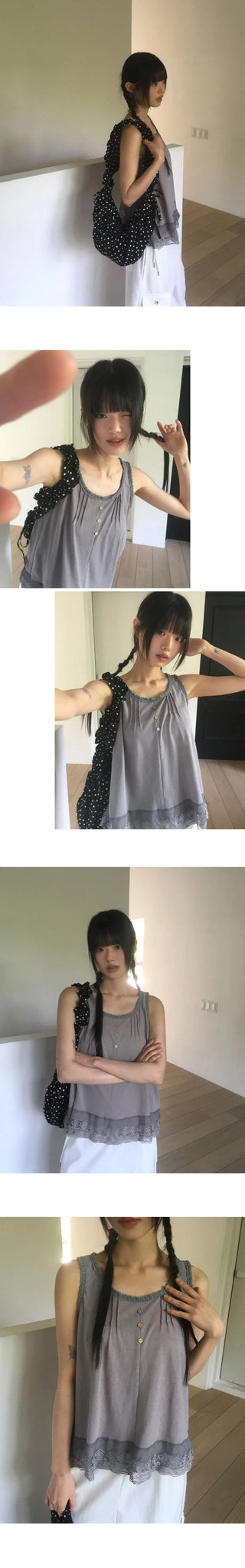 Toyou Pintuck Frill Button Lace Sleeveless