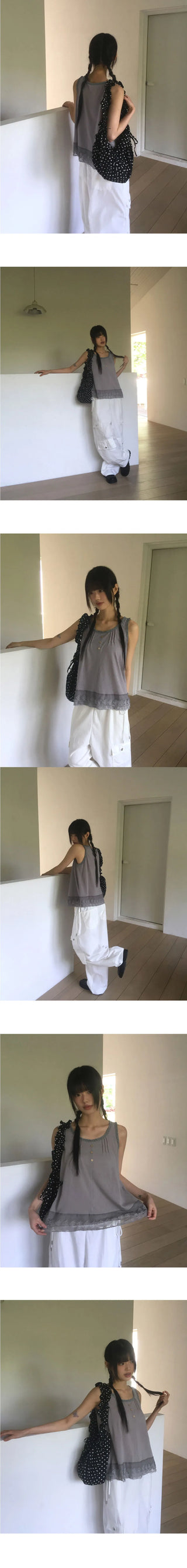 Toyou Pintuck Frill Button Lace Sleeveless