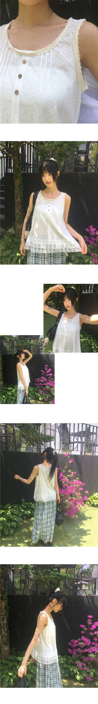 Toyou Pintuck Frill Button Lace Sleeveless