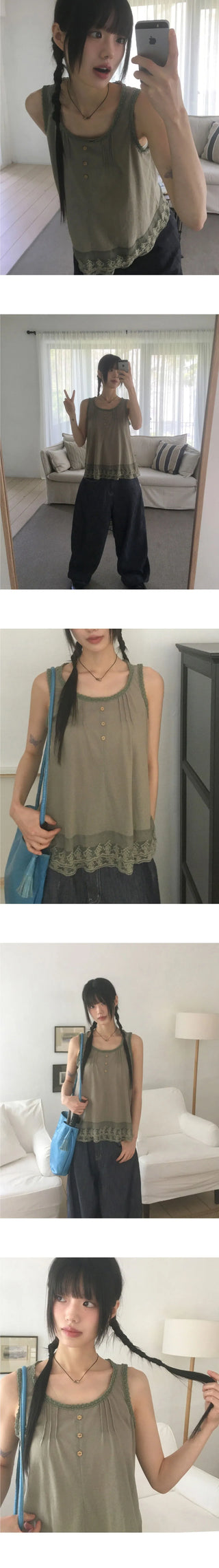 Toyou Pintuck Frill Button Lace Sleeveless