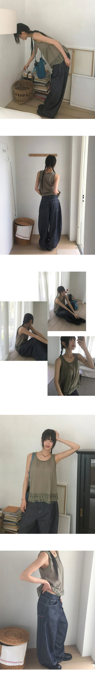 Toyou Pintuck Frill Button Lace Sleeveless