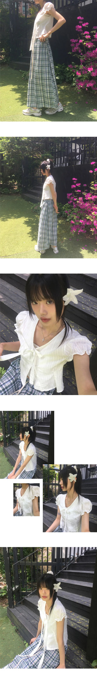 Induction tie string puff short sleeve blouse