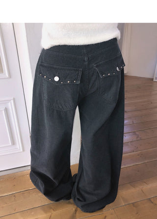 Fine Studded Fleece-lined Vintage Wide Pants