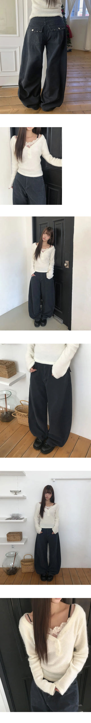 Fine Studded Fleece-lined Vintage Wide Pants