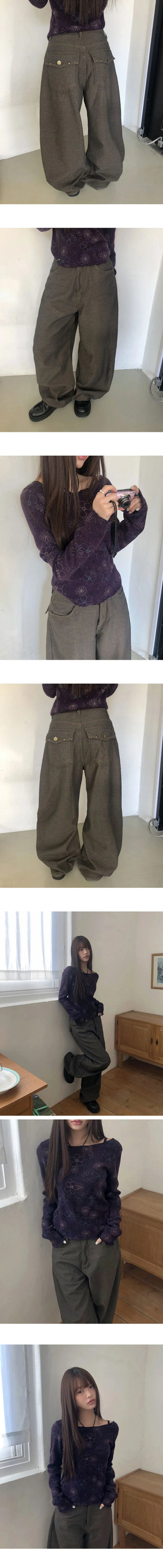Fine Studded Fleece-lined Vintage Wide Pants
