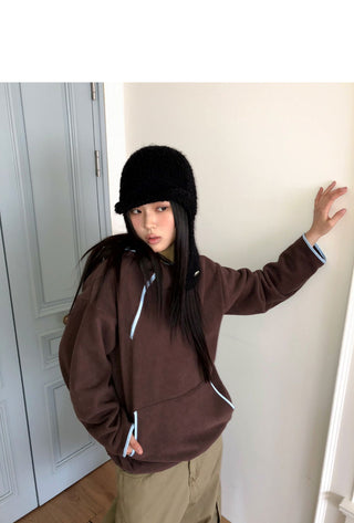 Ponnan color block diagonal half-zip fleece hooded T-shirt