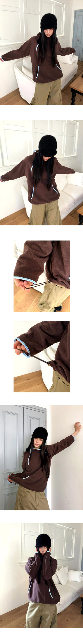 Ponnan color block diagonal half-zip fleece hooded T-shirt