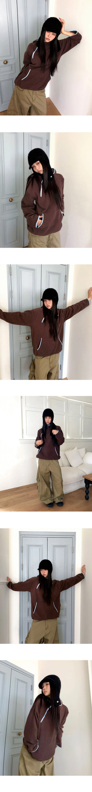 Ponnan color block diagonal half-zip fleece hooded T-shirt