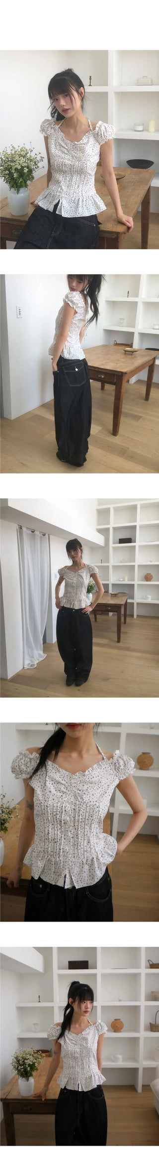 Badu Flower Strap Puff Short Sleeve Blouse