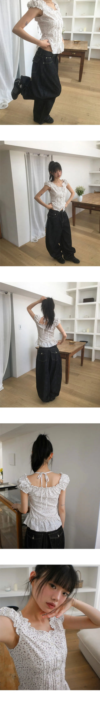 Badu Flower Strap Puff Short Sleeve Blouse