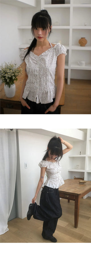 Badu Flower Strap Puff Short Sleeve Blouse
