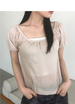 Eveny shirring volume hole short sleeve knitwear