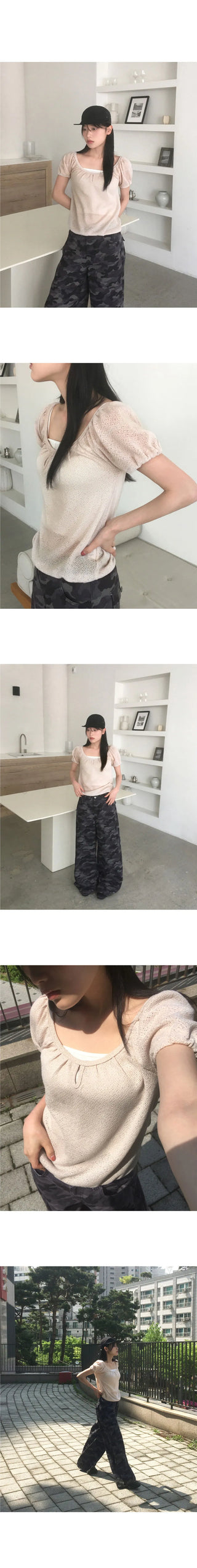 Eveny shirring volume hole short sleeve knitwear