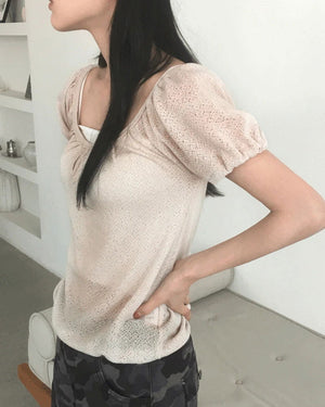 Eveny shirring volume hole short sleeve knitwear
