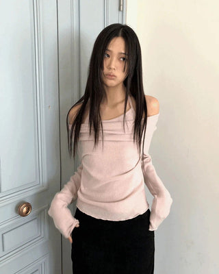 Purple Frill Halter Off-Shoulder Knitwear