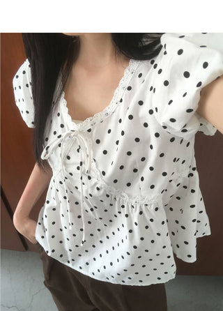 Newon Dot Lace Ribbon Short Sleeve Blouse