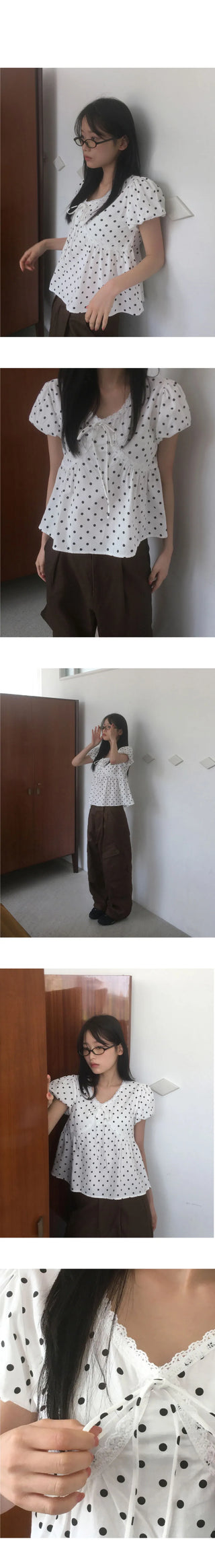 Newon Dot Lace Ribbon Short Sleeve Blouse