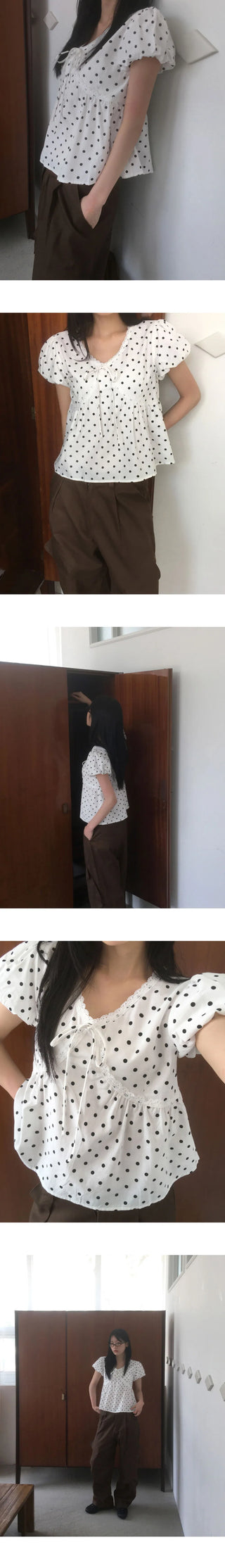 Newon Dot Lace Ribbon Short Sleeve Blouse