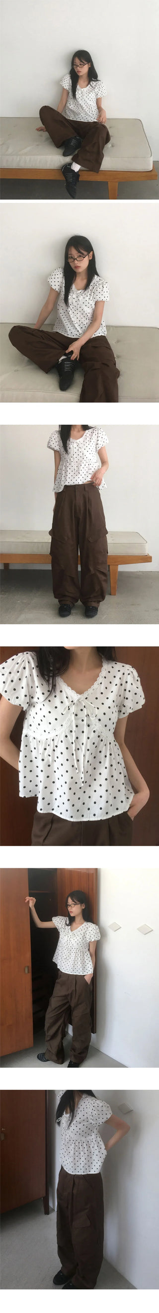 Newon Dot Lace Ribbon Short Sleeve Blouse