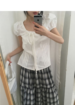 Roche pin tuck ribbon back strap button blouse