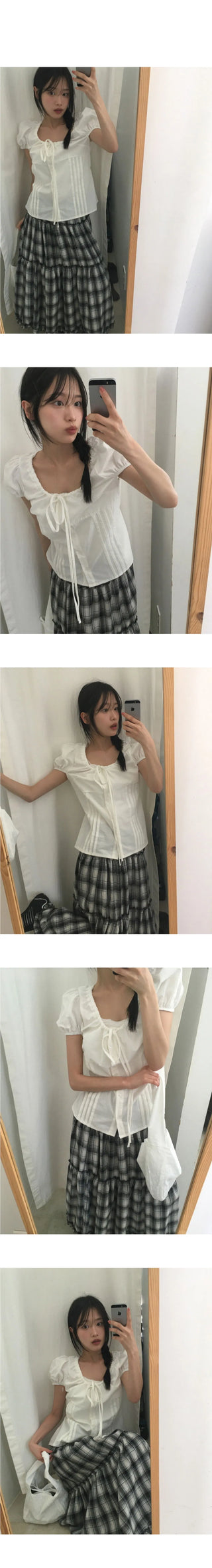 Roche pin tuck ribbon back strap button blouse