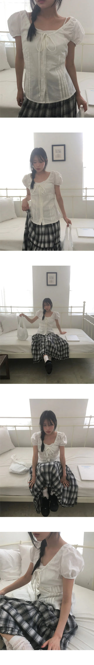 Roche pin tuck ribbon back strap button blouse