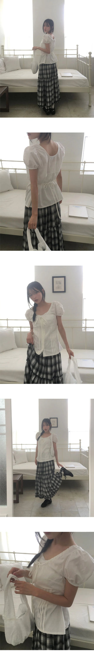 Roche pin tuck ribbon back strap button blouse