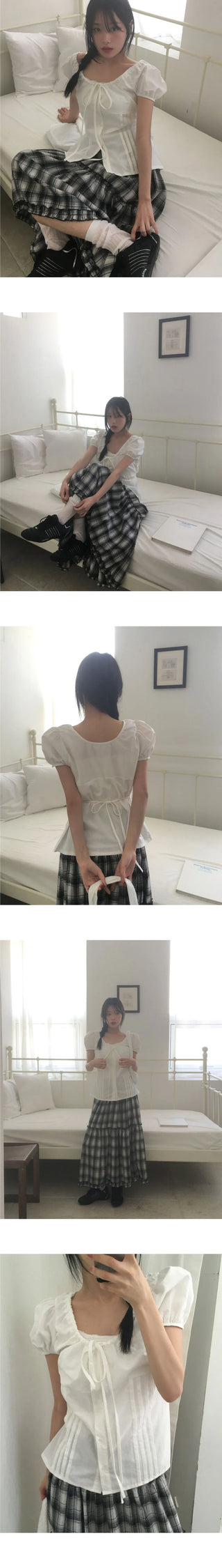 Roche pin tuck ribbon back strap button blouse