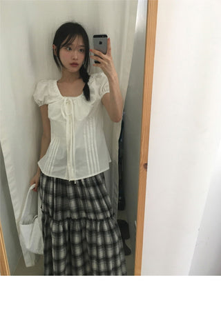 Roche pin tuck ribbon back strap button blouse