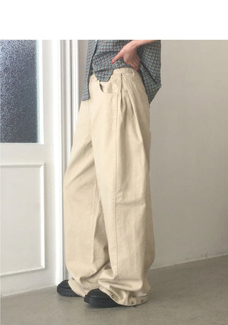 Putting side pin tuck wide cotton pants