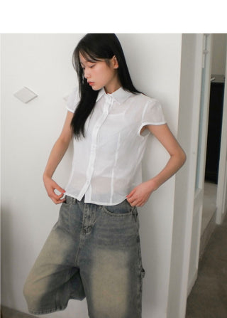 Trang Stripe See-through Short Sleeve Shirt