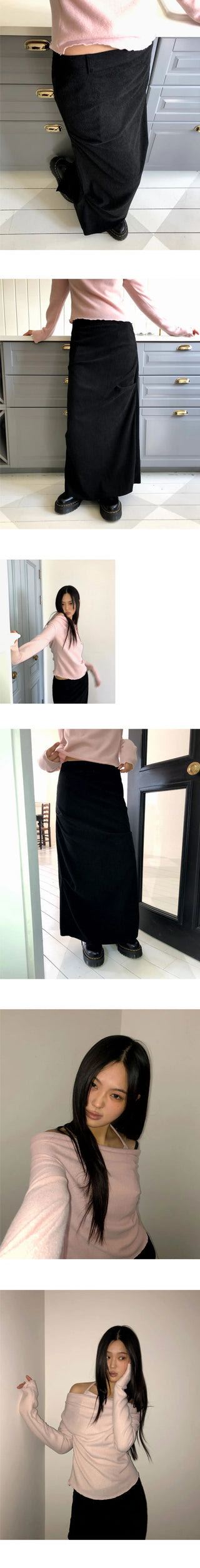 Yurin shirring Ribbed long skirt