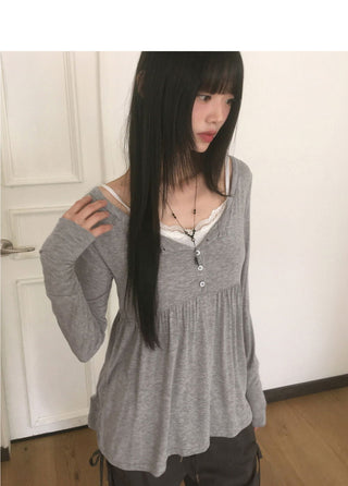 Hoshiv Button Shirring Layered Long Sleeve T-Shirt