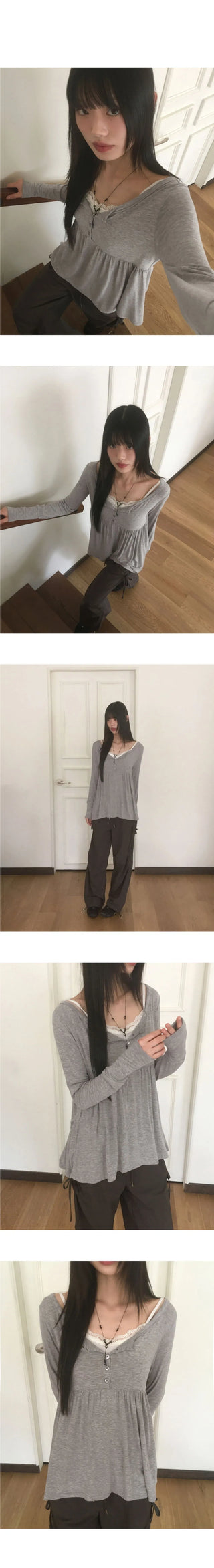 Hoshiv Button Shirring Layered Long Sleeve T-Shirt