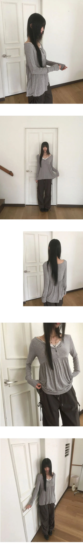 Hoshiv Button Shirring Layered Long Sleeve T-Shirt